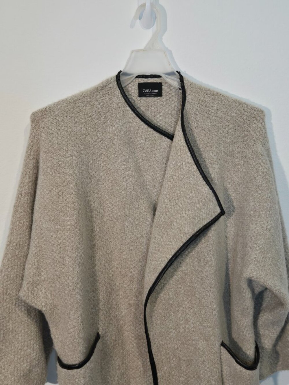 Zara Knit open front cardigan with leather trim size m cream sand color - Picture 3 of 7